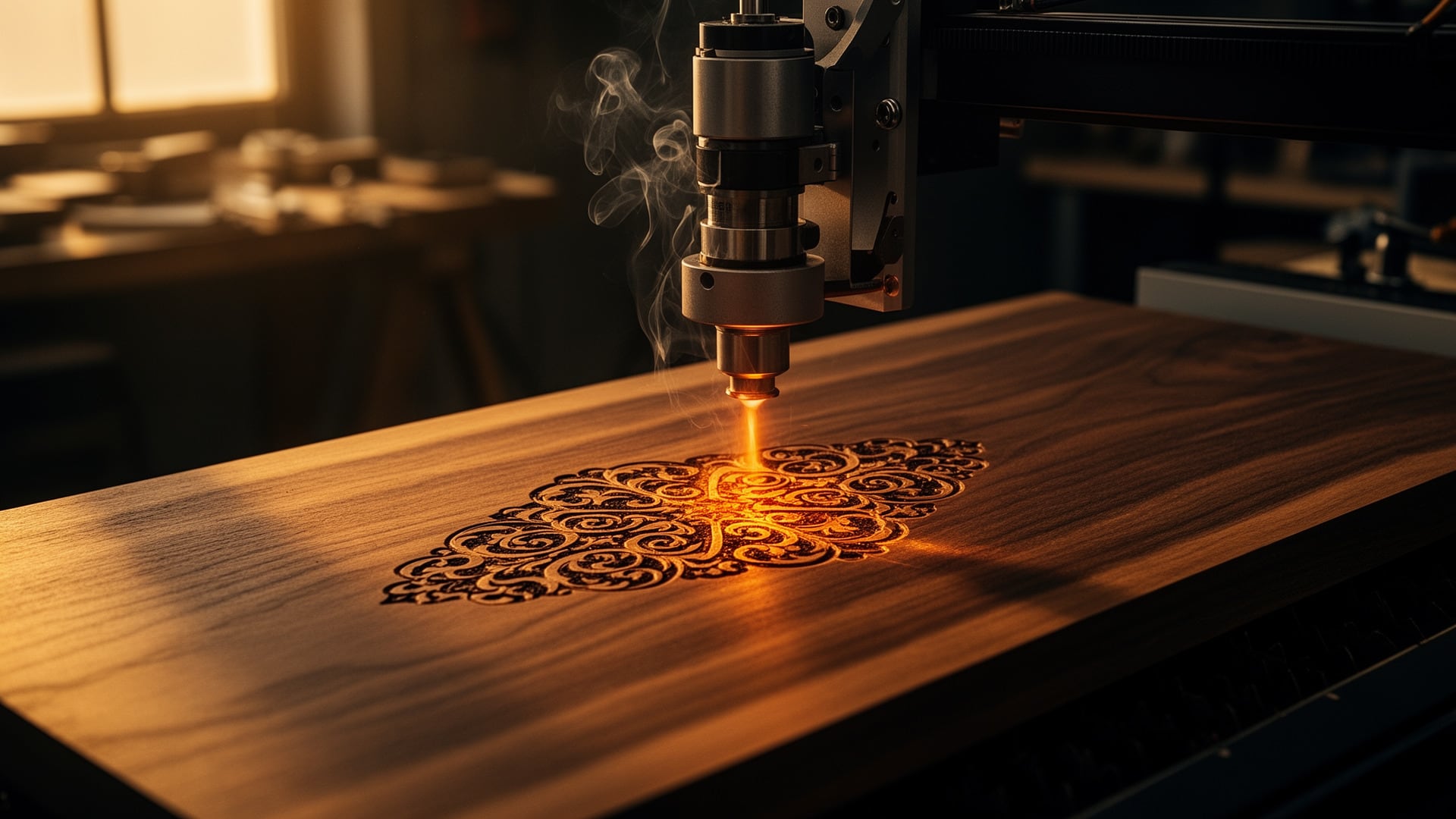 CNC laser engraver burning an ornate filigree pattern into a walnut board in a dim workshop, smoke rising from the beam