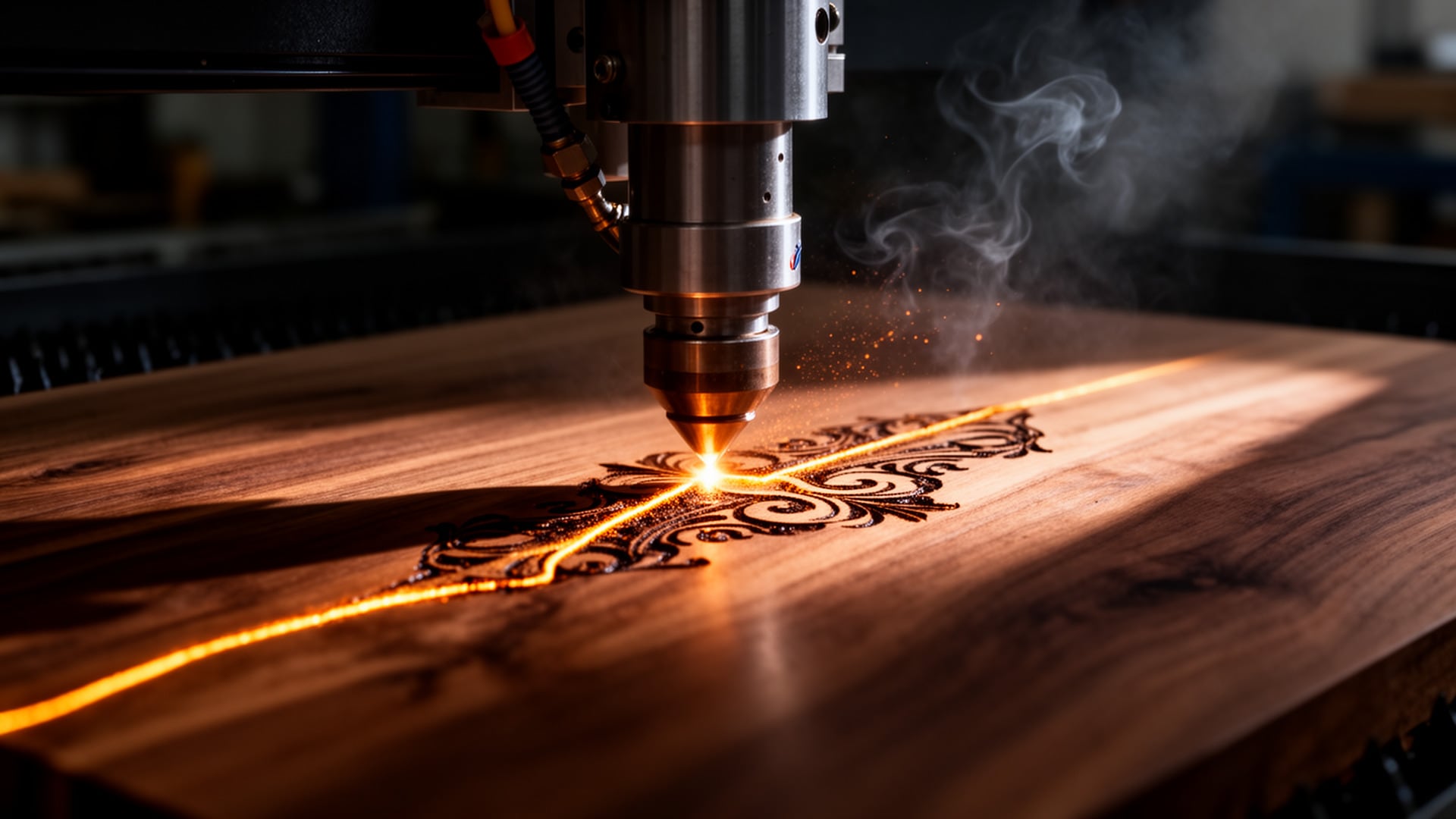 CNC laser engraving head etching an ornate scrollwork pattern into a walnut board, glowing beam and smoke rising.