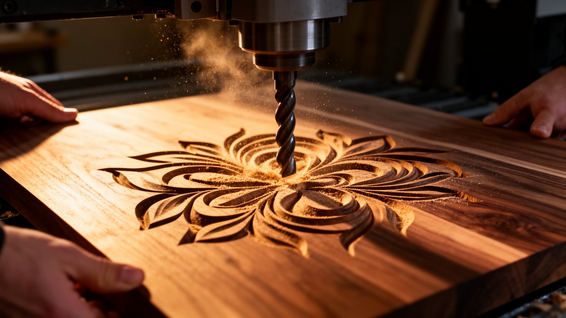 CNC router bit carving an ornate floral relief into a walnut board, sawdust flying in a warm-lit workshop