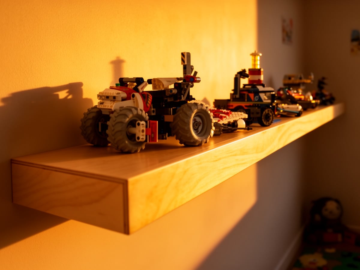 The finished 13-foot floating shelf in warm sunlight, holding a row of LEGO tractors and vehicles against a glowing wall.