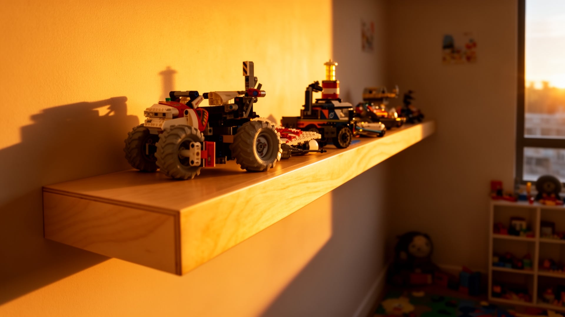The finished 13-foot floating shelf in warm sunlight, holding a row of LEGO tractors and vehicles against a glowing wall.
