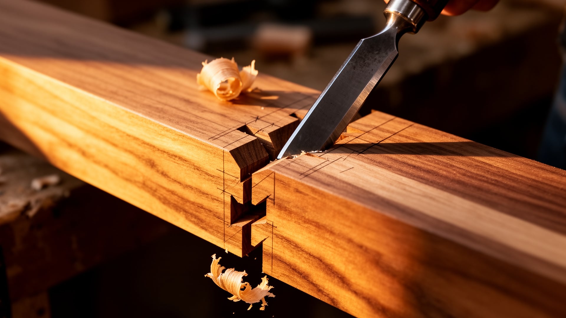 Chisel paring a hand-cut dovetail joint in oak, pencil layout lines and wood shavings on the workbench.