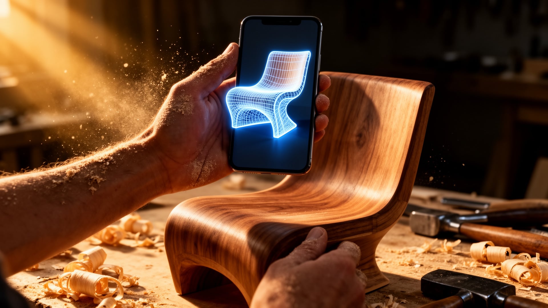 Woodworker holding a phone with a glowing wireframe chair design beside a finished curved wooden chair on a workbench.