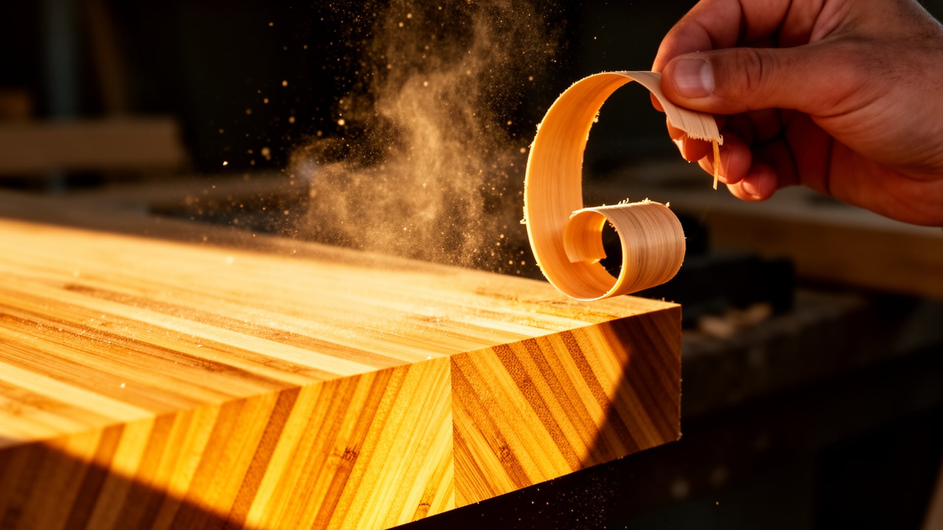 Hand lifting a curled bamboo shaving off a laminated bamboo workpiece in a workshop, sawdust drifting in warm light.