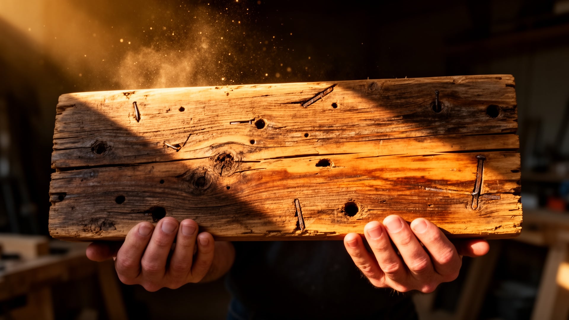 Hands holding a weathered reclaimed plank with old nail holes, sawdust drifting in warm light