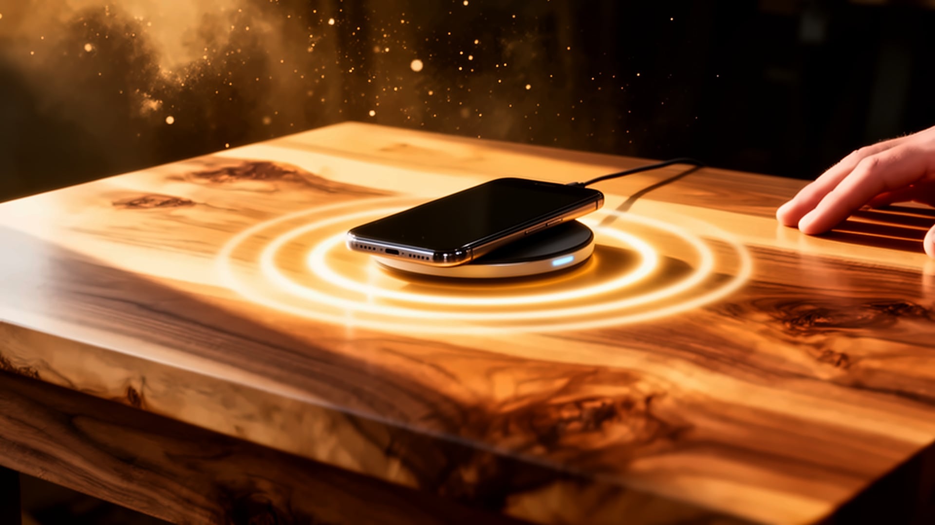 Smartphone charging on a wireless pad atop a polished live-edge walnut table, glowing energy rings radiating outward.