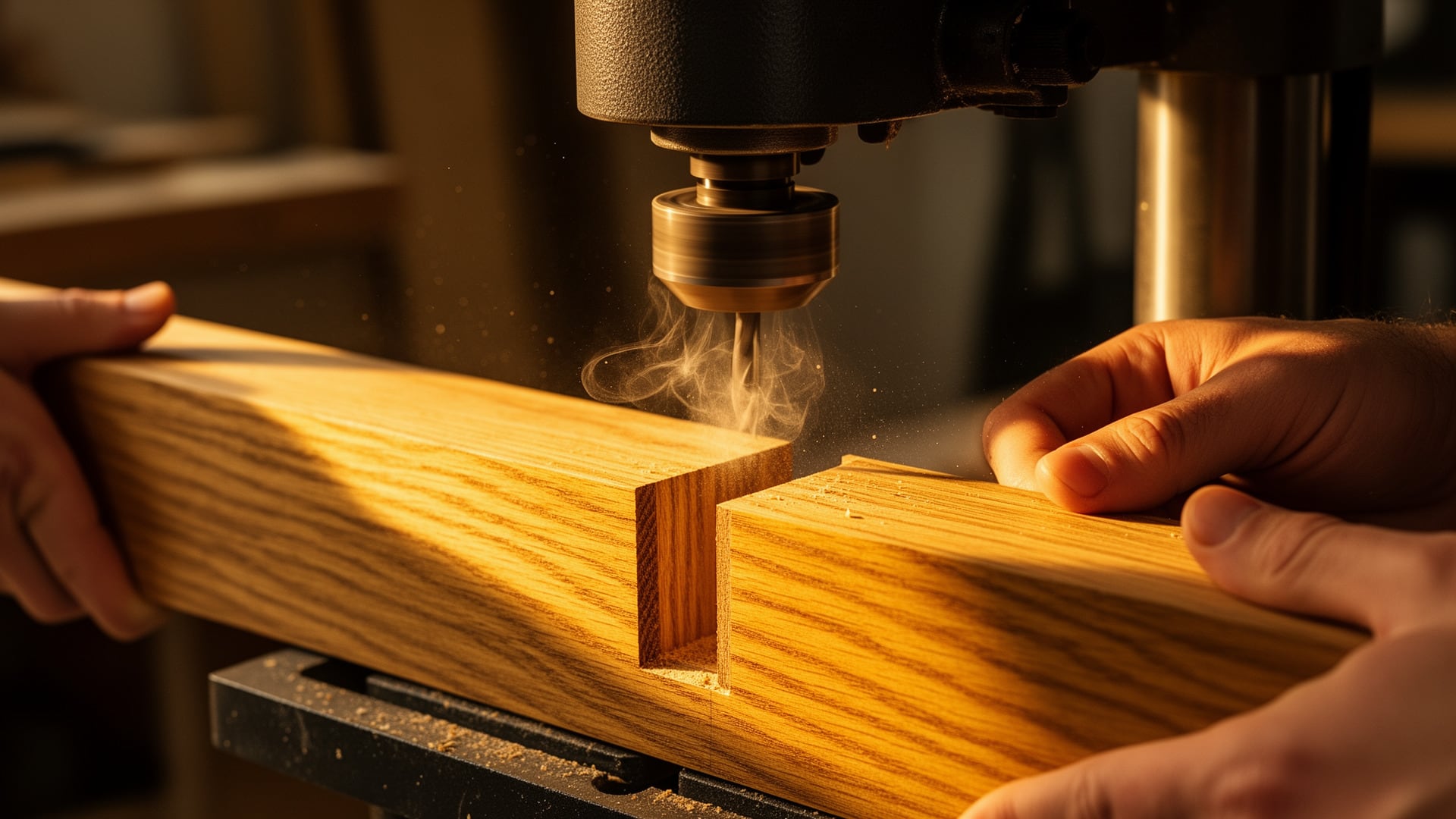 Drill press cutting a mortise into an oak board as a woodworker steadies the workpiece, sawdust flying in the workshop