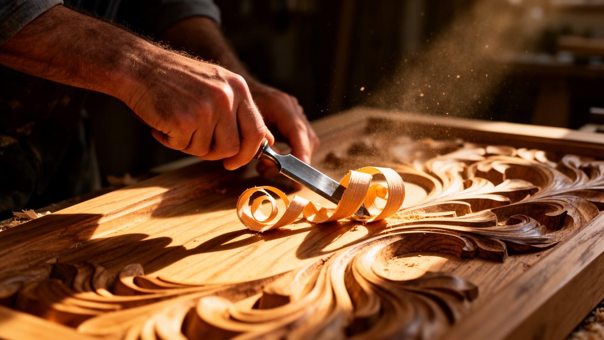 Woodworker carving swirling patterns into a hardwood panel with a chisel, curls of shavings catching the workshop light.
