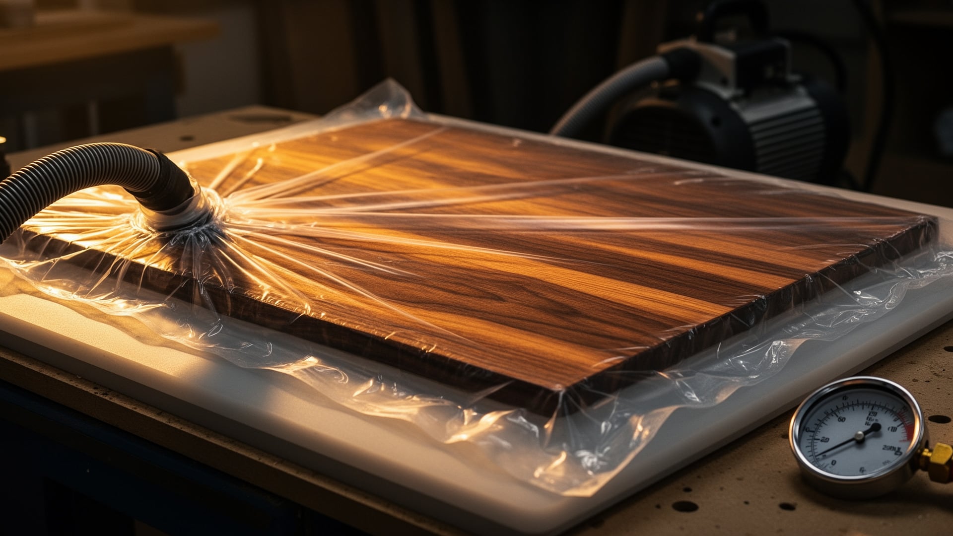Striped wood panel sealed in plastic vacuum bagging film with hose attached, on a press platen beside a vacuum pump gauge.