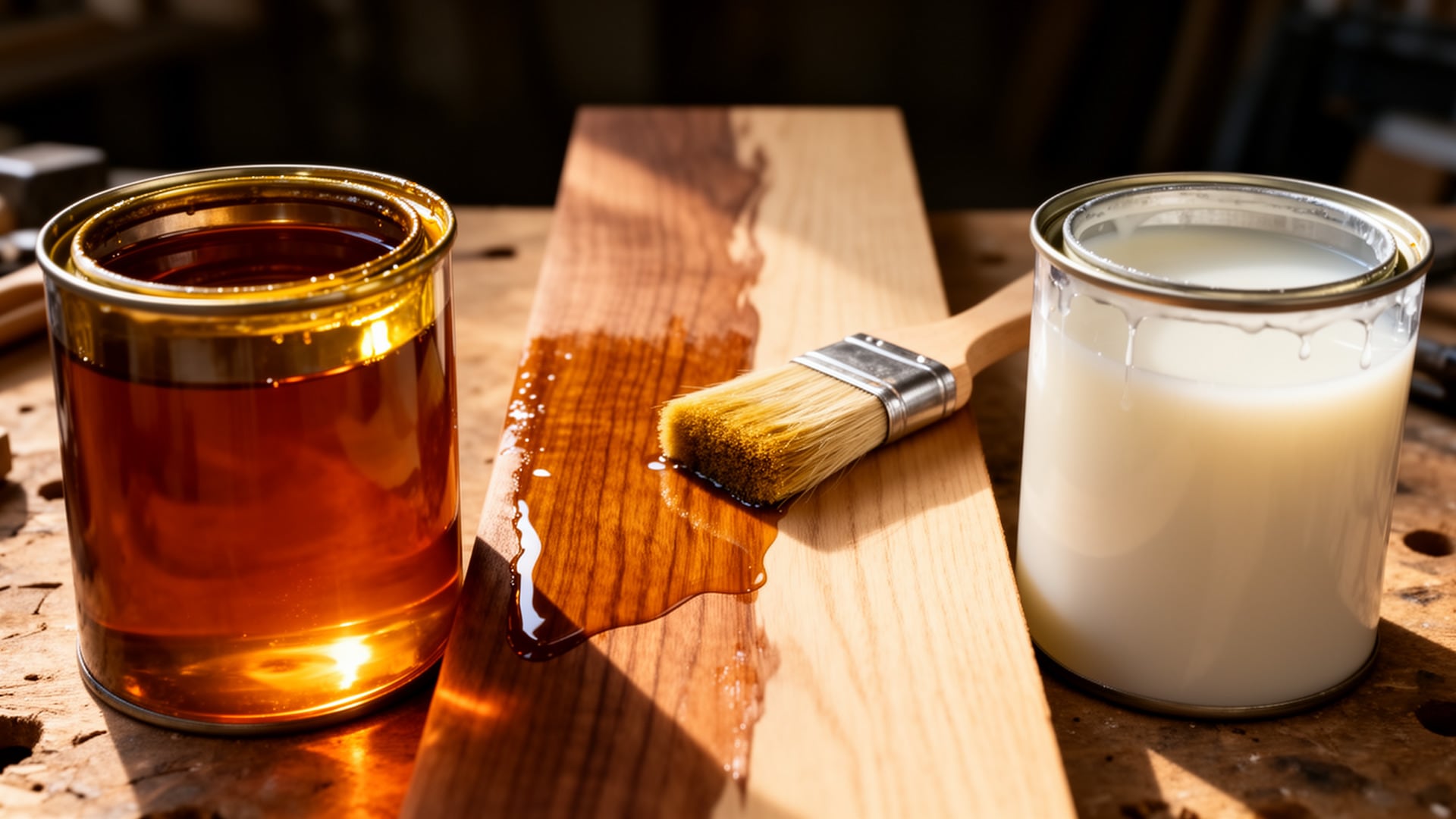 Amber oil-based and milky water-based polyurethane cans beside a brush coating half of a raw board