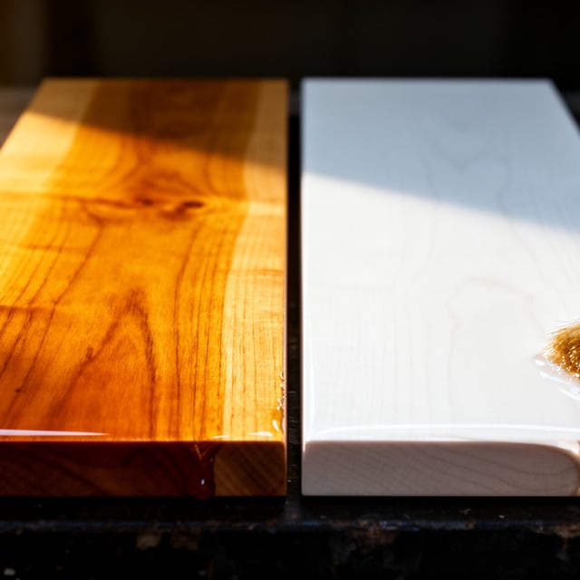 Two maple boards side by side: one ambered with oil-based polyurethane, one clear with water-based, brush dripping finish