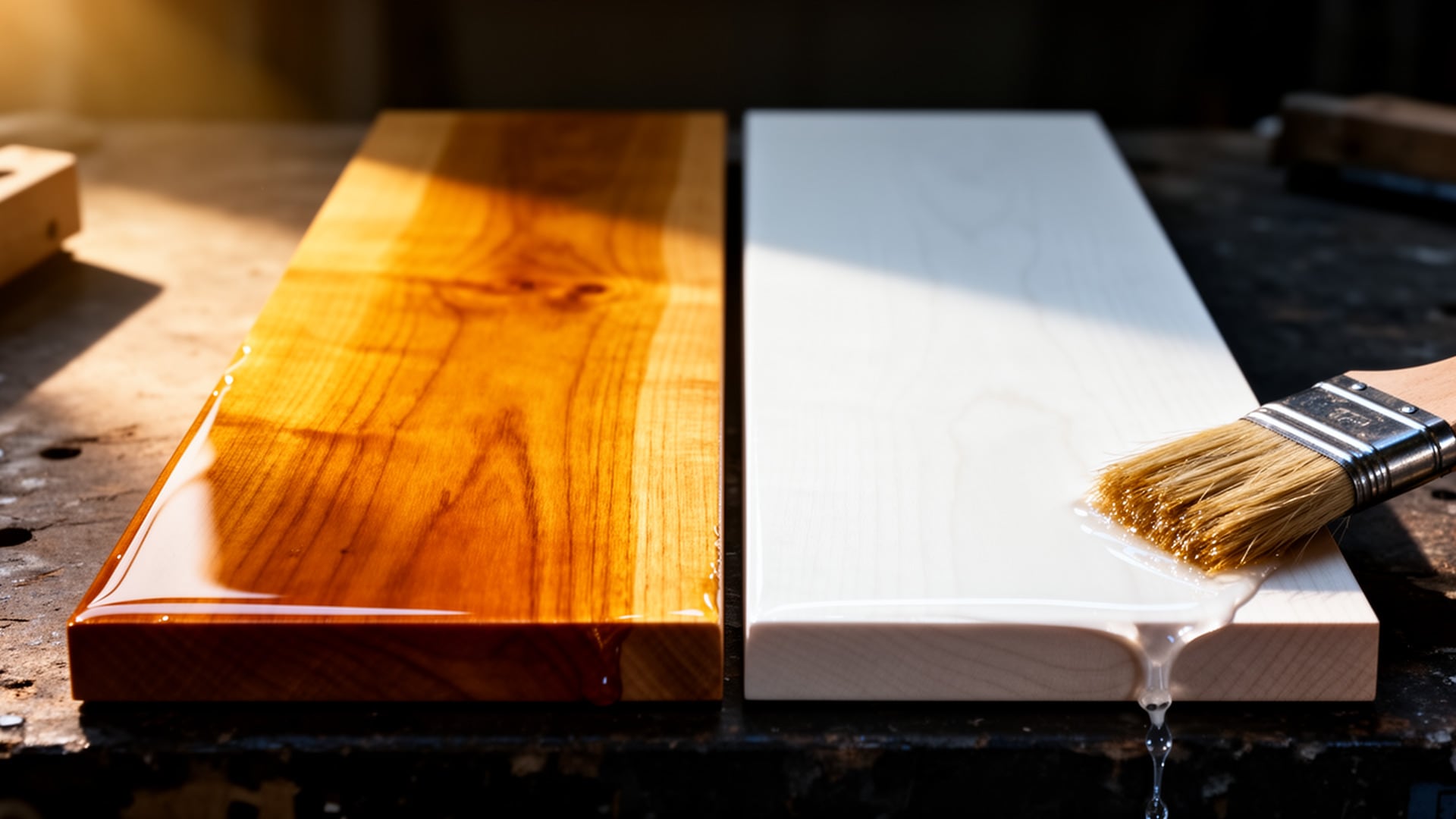 Two maple boards side by side: one ambered with oil-based polyurethane, one clear with water-based, brush dripping finish