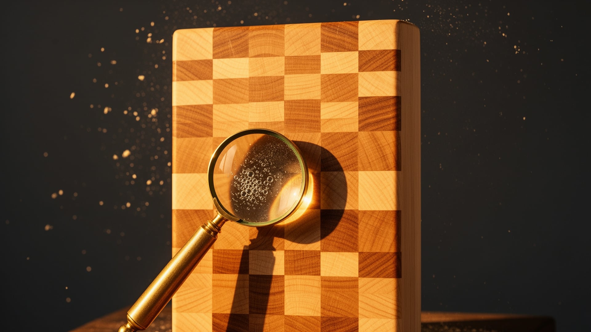 End grain checkerboard cutting board standing upright with a brass magnifying glass revealing its wood grain detail.