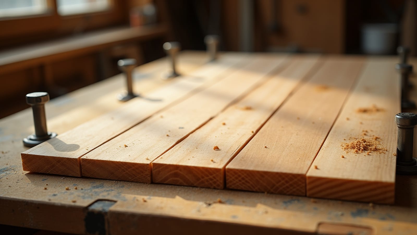 Glue-up of pine boards on a workbench with clamp pads pressing the panel edges together