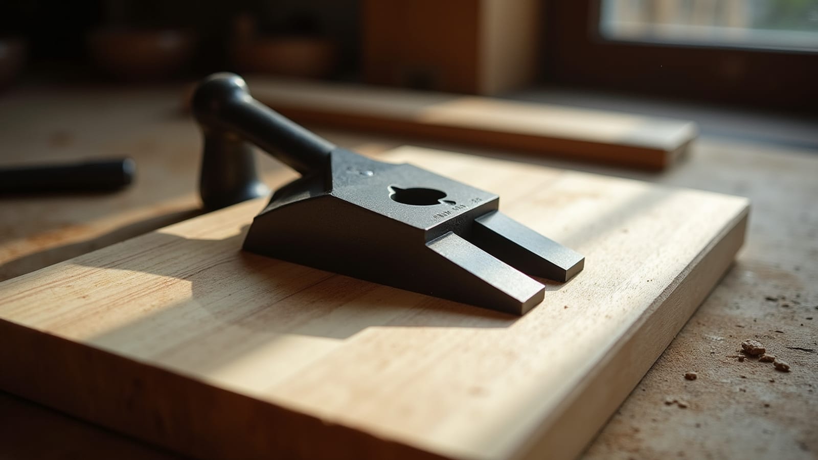 Black combination square head resting on a pine board in a sunlit workshop, ready for the flip test.