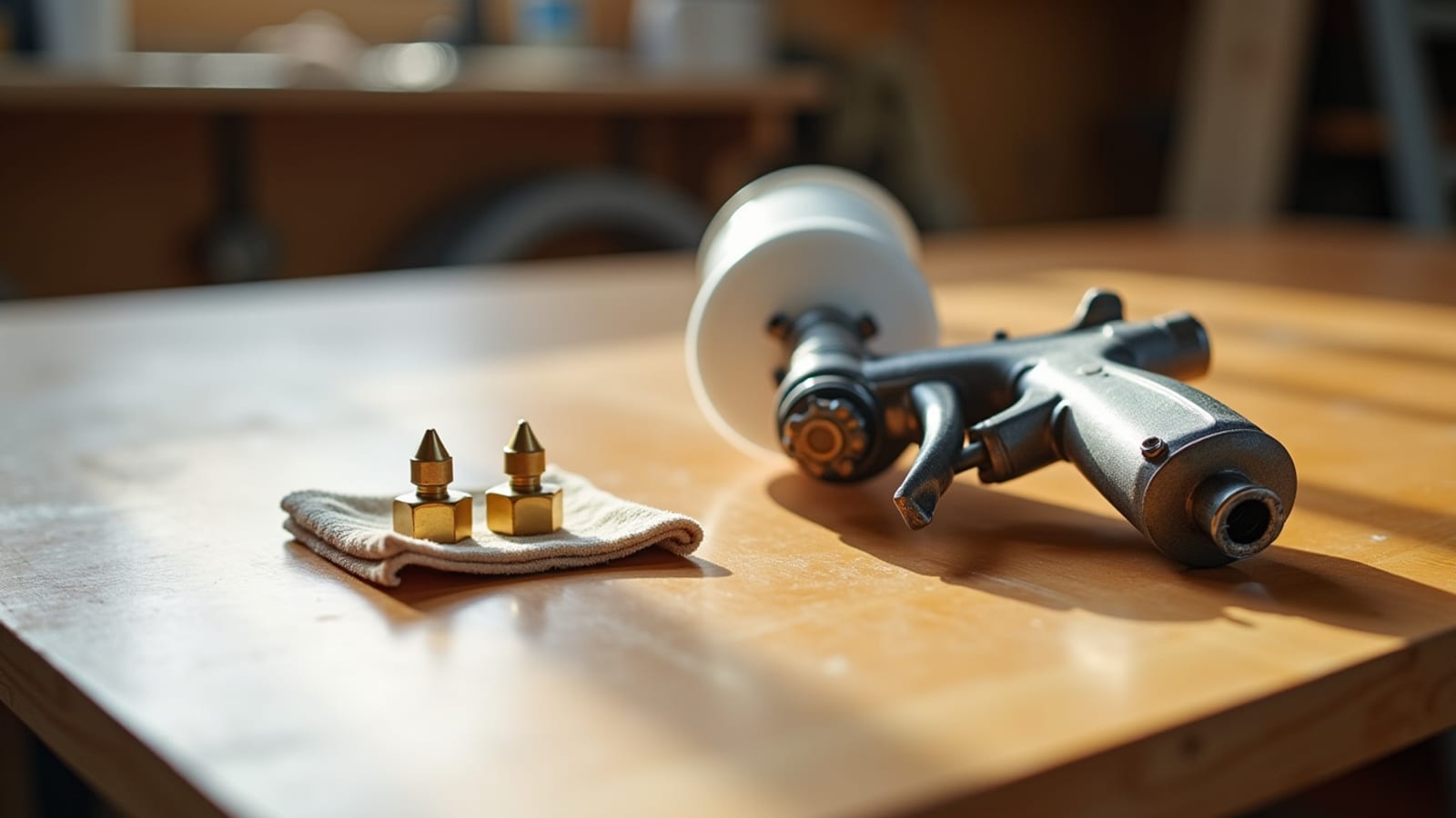 HVLP sprayer lying on a workbench beside two brass spray tips resting on a shop rag.