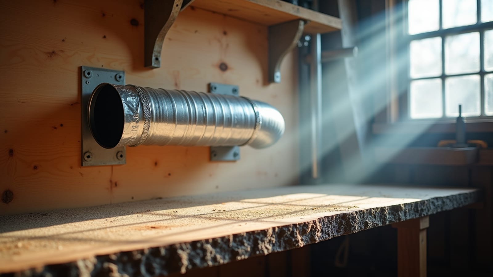 Flexible aluminum vent duct mounted through a plywood shop wall above a dusty workbench, sunlight streaming through a window