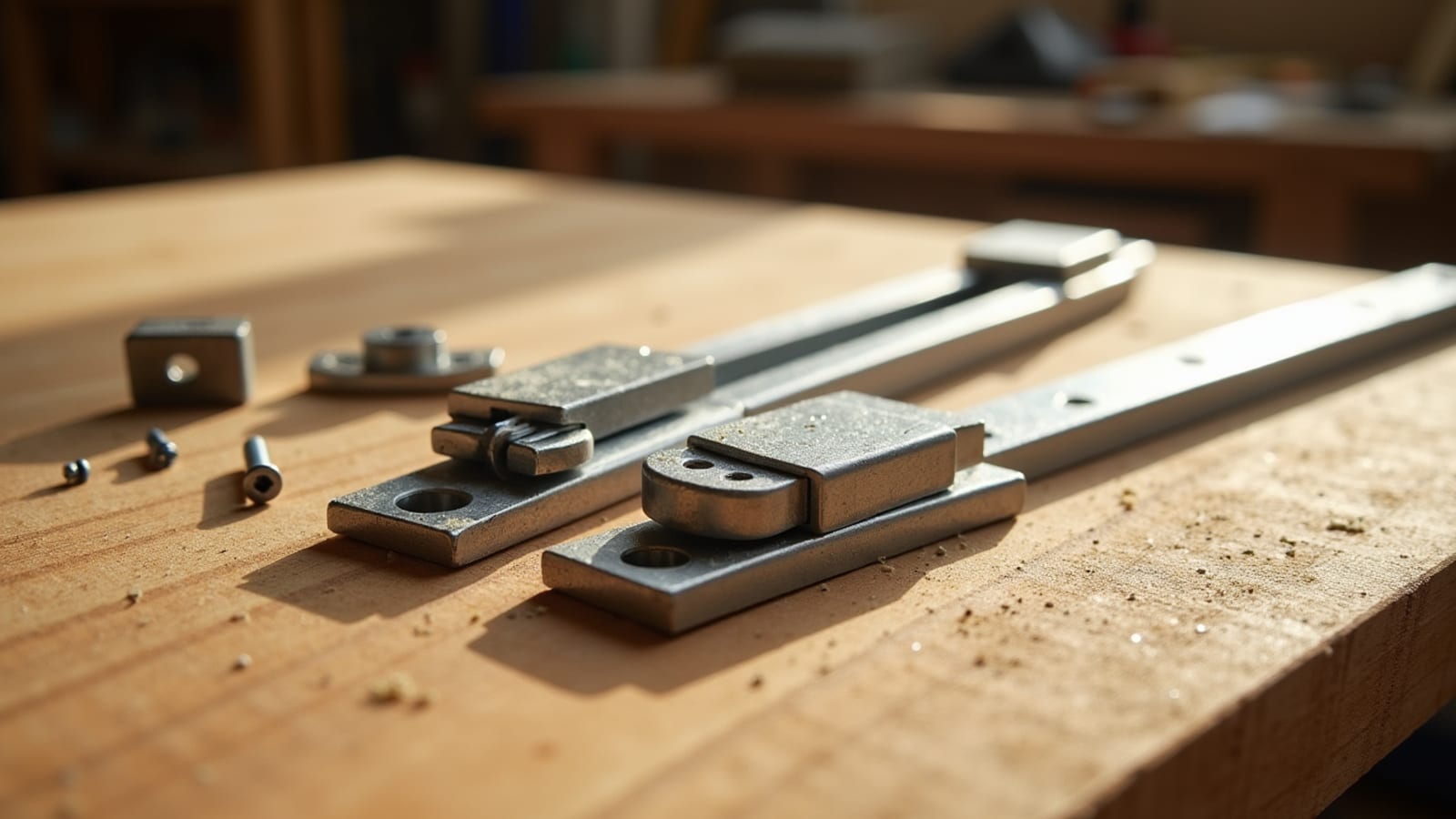 Metal drawer slides and hinges laid out on a sawdust-covered workbench in a woodworking shop