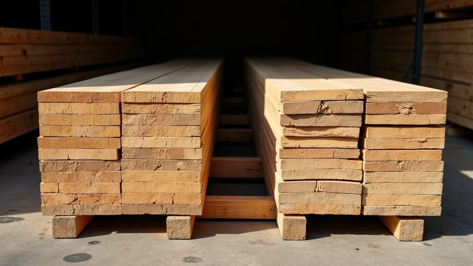 Two stacks of rough hardwood boards resting on stickers in a dim lumber yard storage area