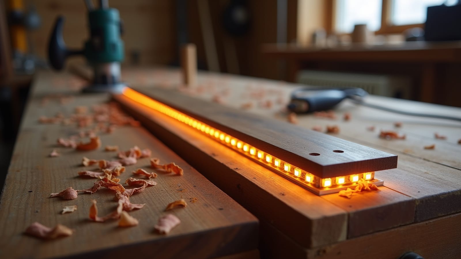 Warm LED strip glowing in a routed groove on a cherry board, shavings and router on the workbench