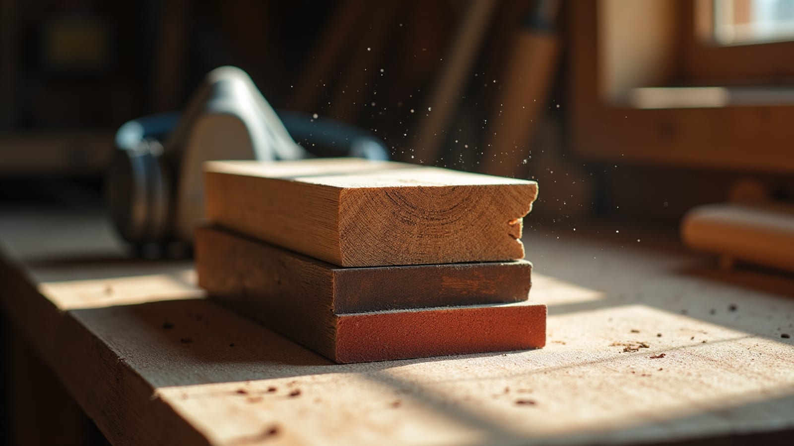 Stacked hardwood boards on a dusty workbench with a respirator blurred behind, sawdust drifting in workshop light.