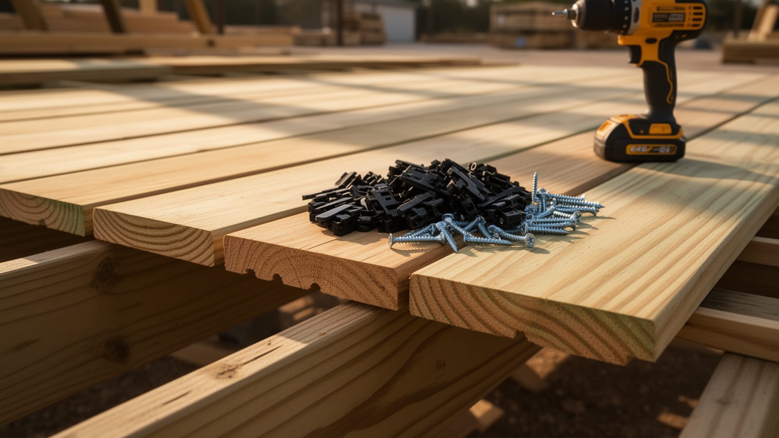 Hidden deck fasteners and face screws piled on fresh pine decking boards beside a cordless drill