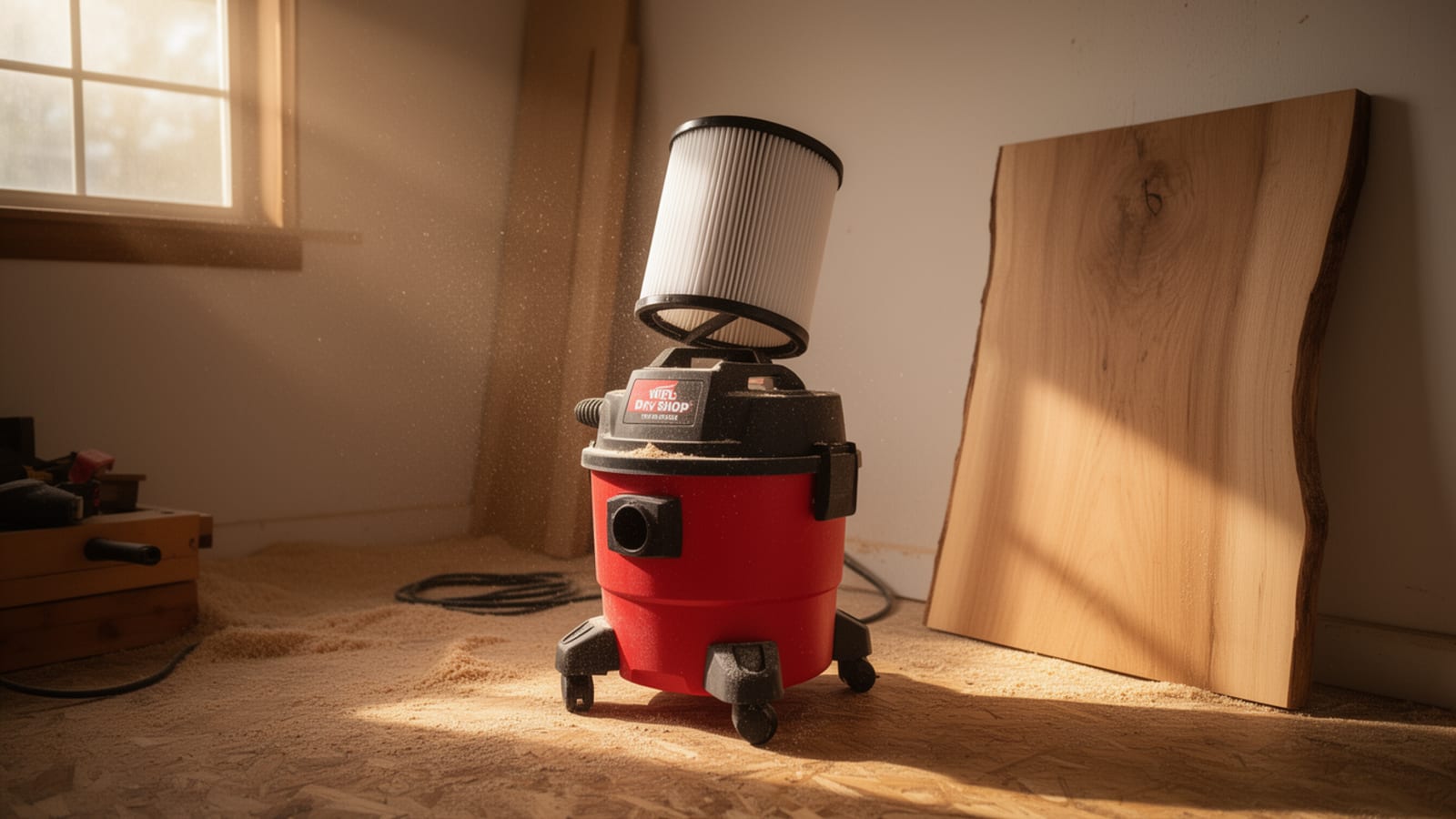 Red shop vac with filter canister on a sawdust-covered workshop floor beside a live-edge wood slab