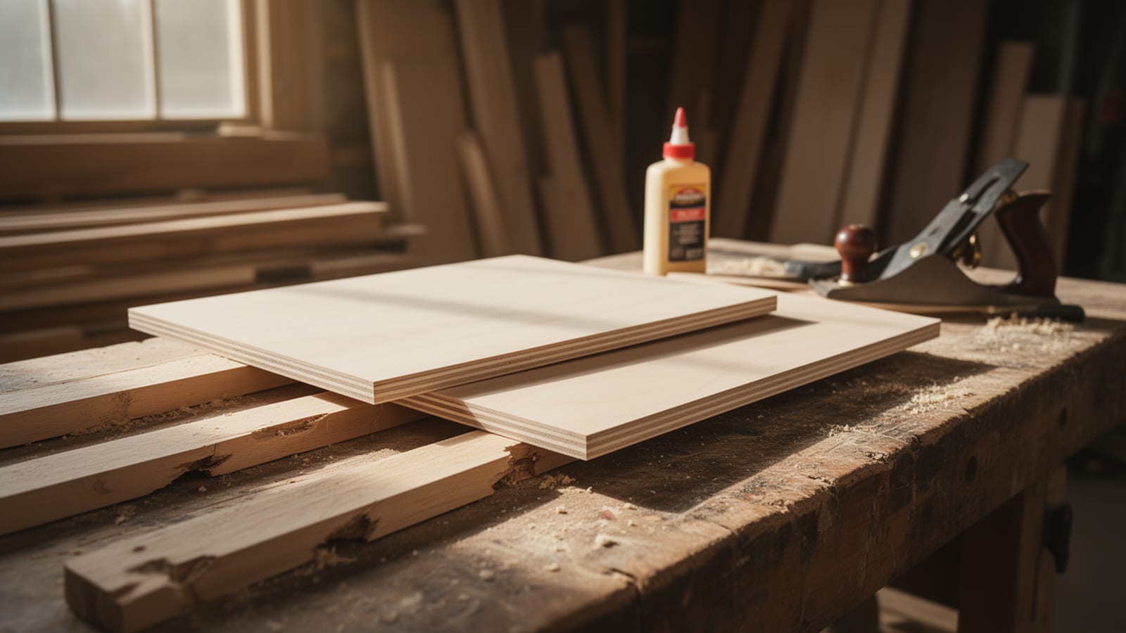 Quarter-inch plywood sheet on a dusty workbench beside wood glue and a hand plane in a sunlit shop