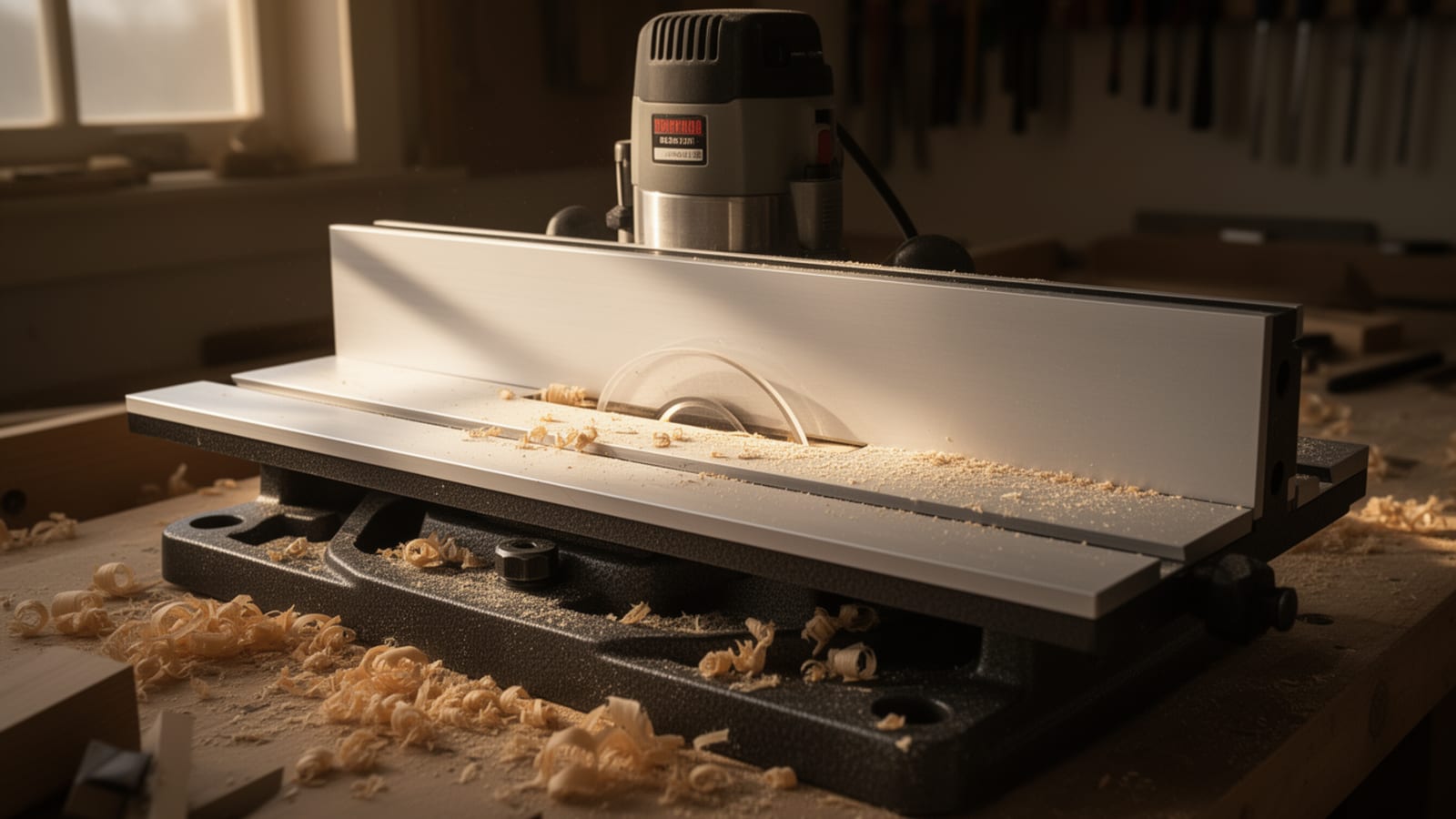 Router mounted in a table with a tall aluminum fence, surrounded by sawdust and shavings in a dim workshop.