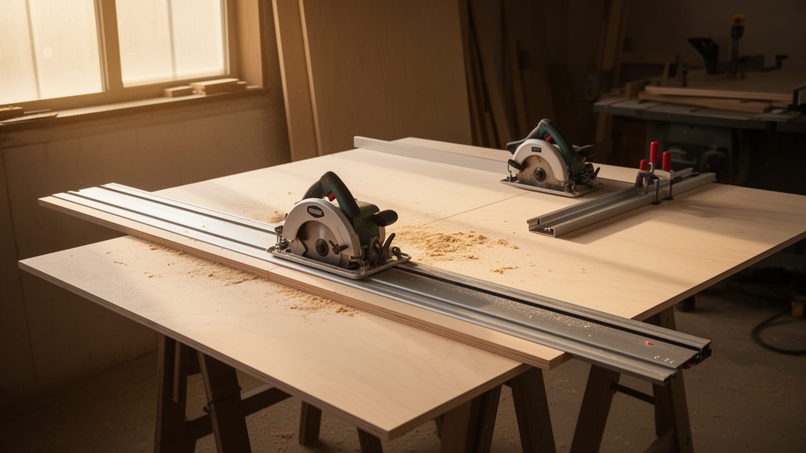 Two circular saws with straightedge guides cutting plywood sheets on sawhorses in a sunlit workshop