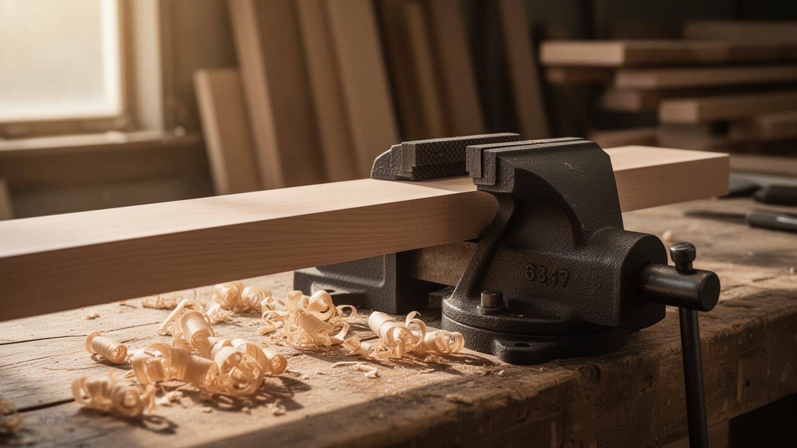 Cast iron bench vise clamping a hardwood board on a workbench, wood shavings scattered around a sunlit workshop