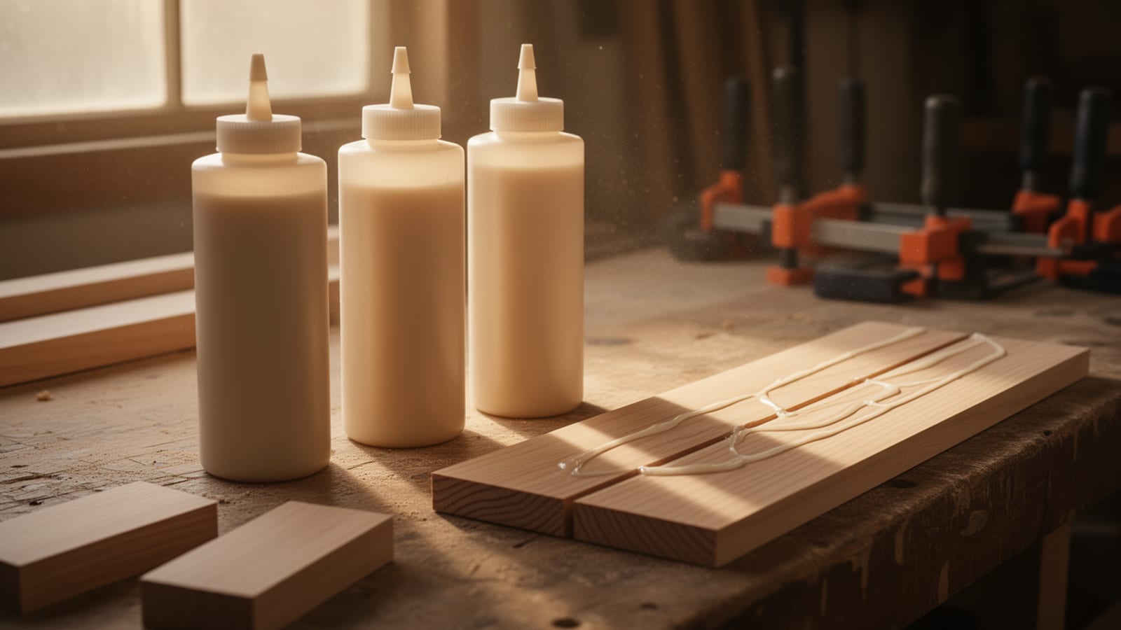 Three bottles of wood glue on a workbench beside glued boards, with clamps and lumber in a sunlit workshop