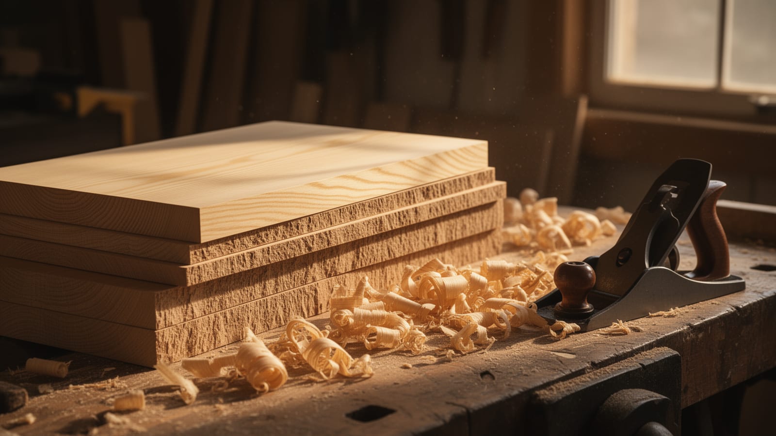 Stack of rough-sawn pine boards beside a hand plane and wood shavings on a workbench
