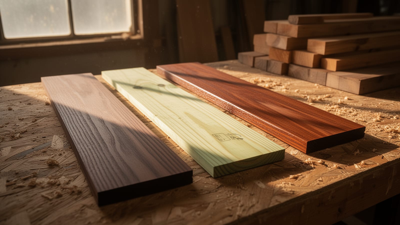Thermally modified ash, treated SPF, and ipe boards side by side on a sawdust-covered workbench in a sunlit shop