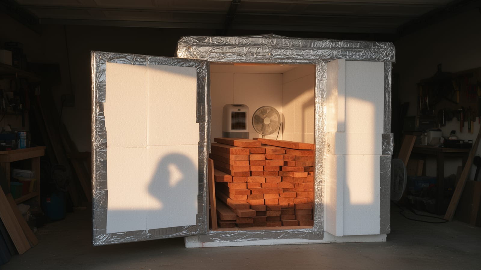 DIY dehumidifier kiln with foil-wrapped foam doors open, revealing stacked lumber, a fan and dehumidifier inside a garage