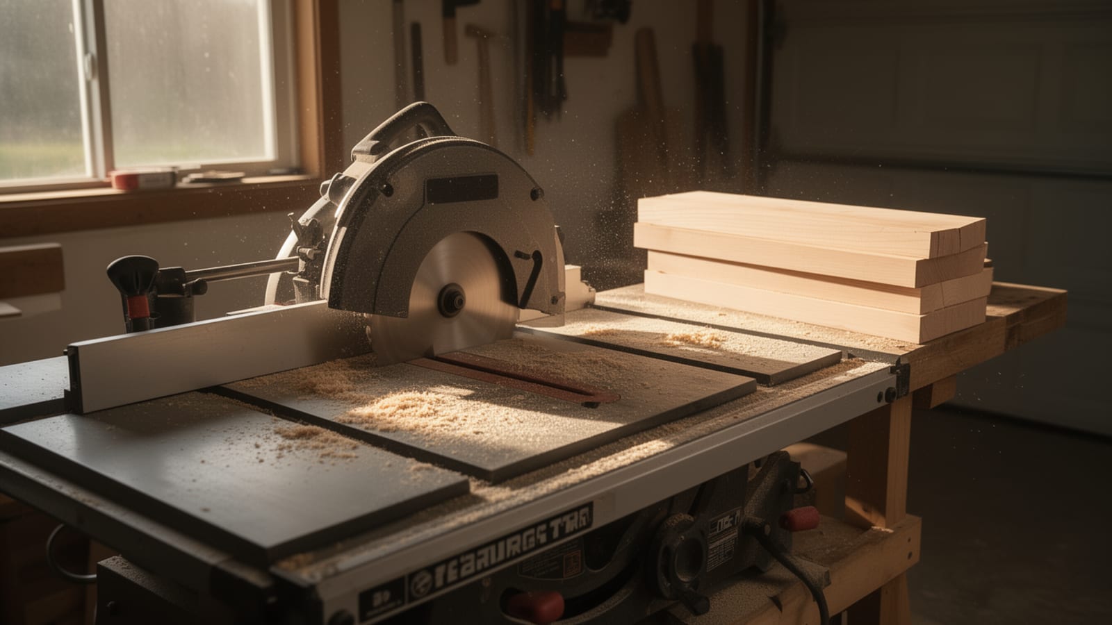 Contractor table saw mid-cut in a sunlit garage shop, sawdust scattered across the top with stacked lumber beside it