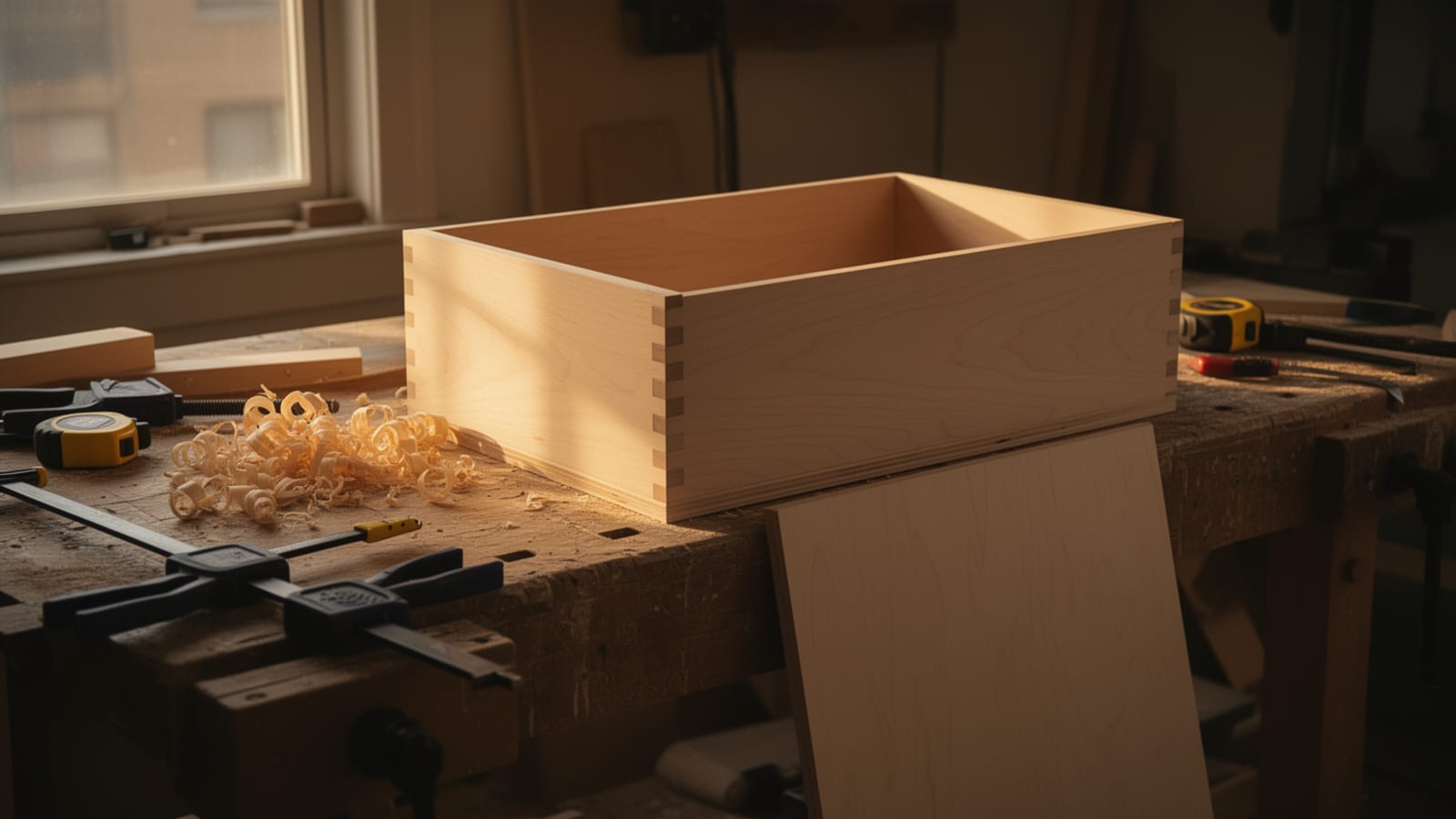 Dovetailed drawer box on a workbench with a loose plywood bottom panel, clamps, and shavings nearby
