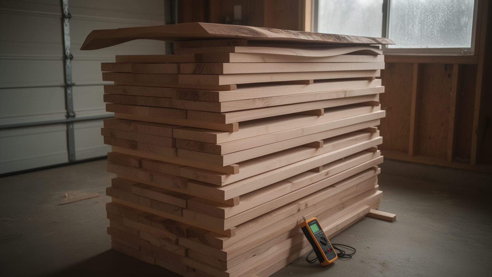 Stacked lumber drying in a garage with a moisture meter leaning against the boards