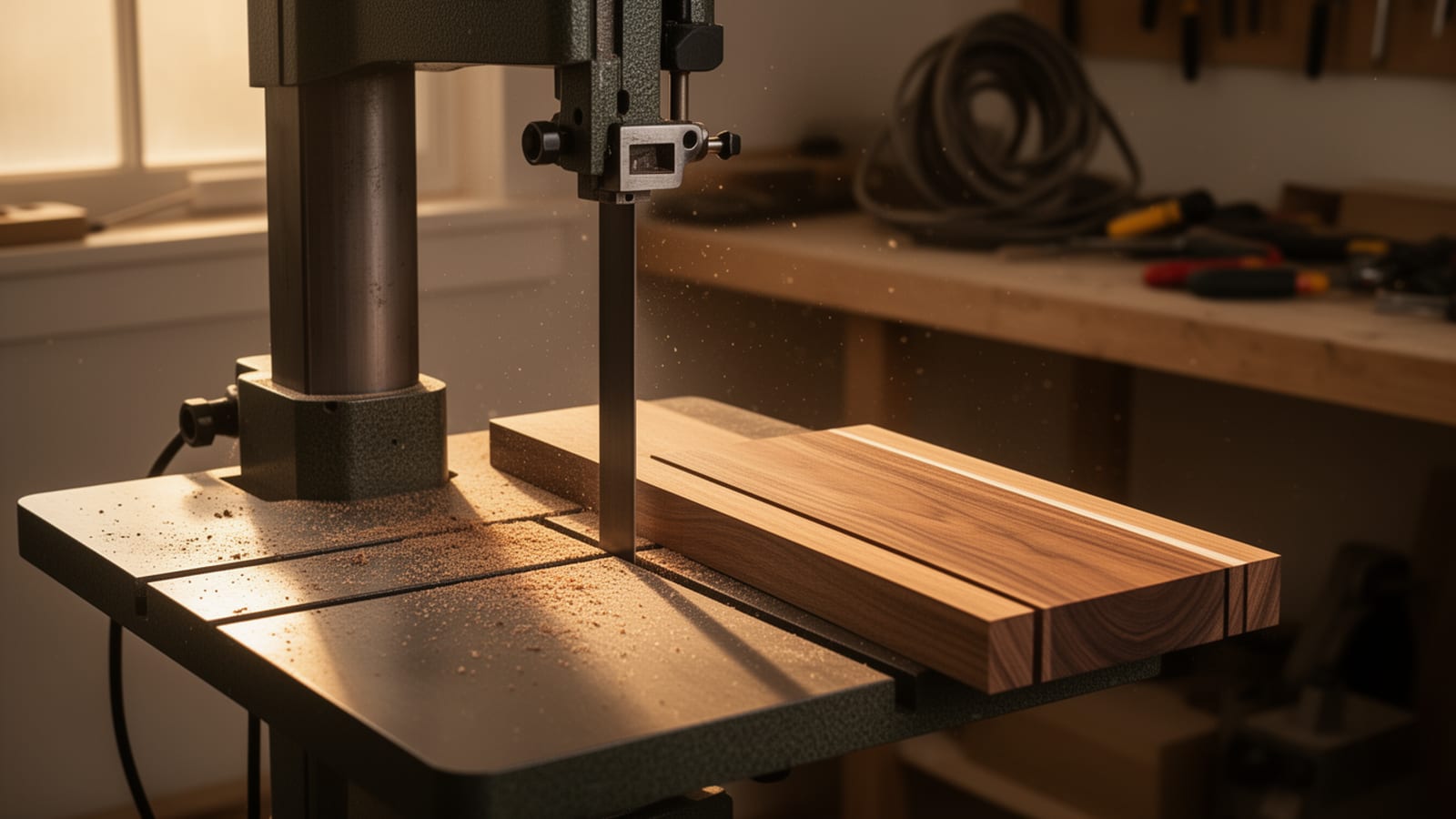 Bandsaw blade resawing a thick hardwood board on a dusty shop table, with a cluttered workbench in the background.