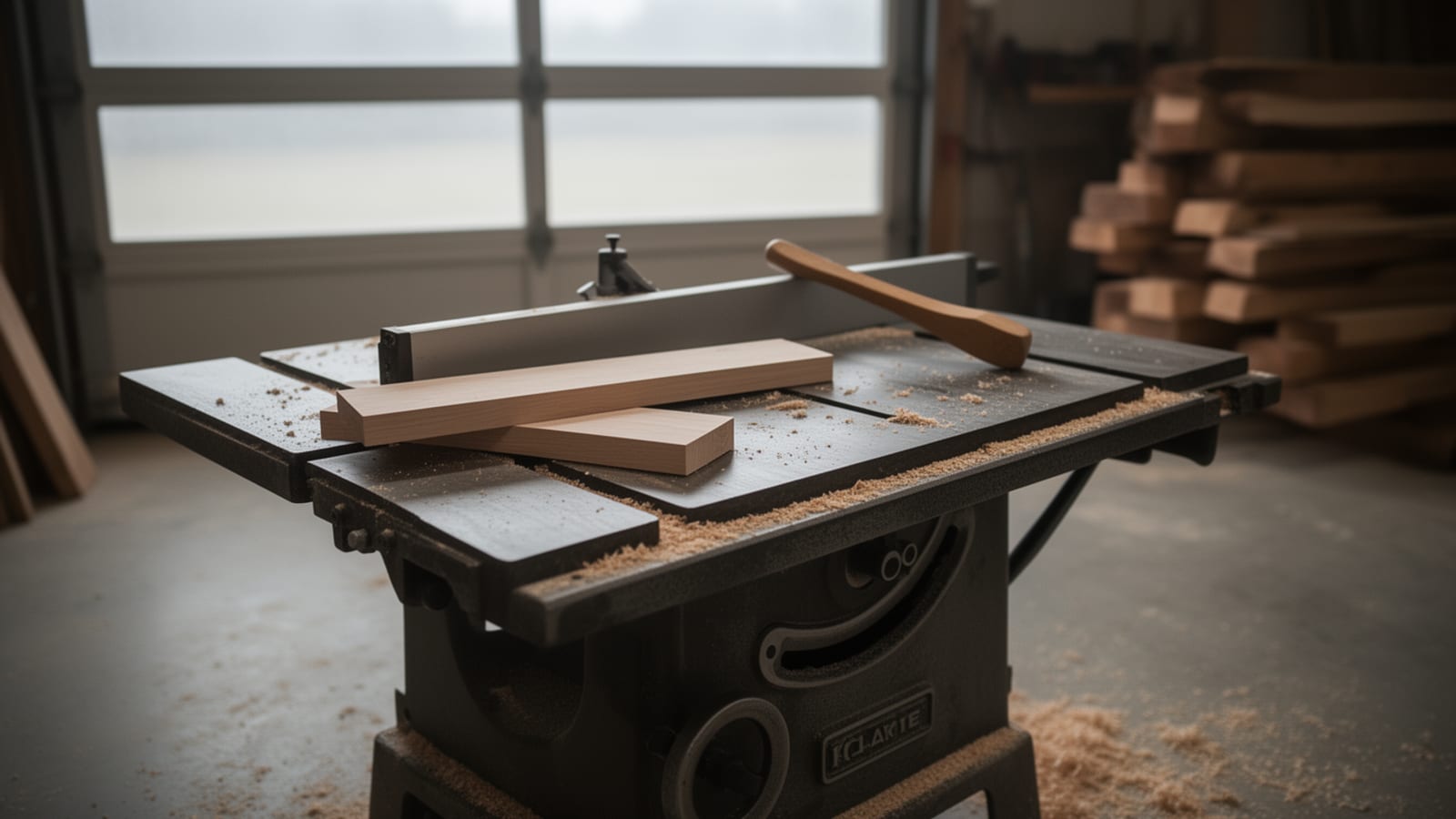Dusty contractor table saw with cut boards and push stick in a garage workshop, lumber stacked nearby