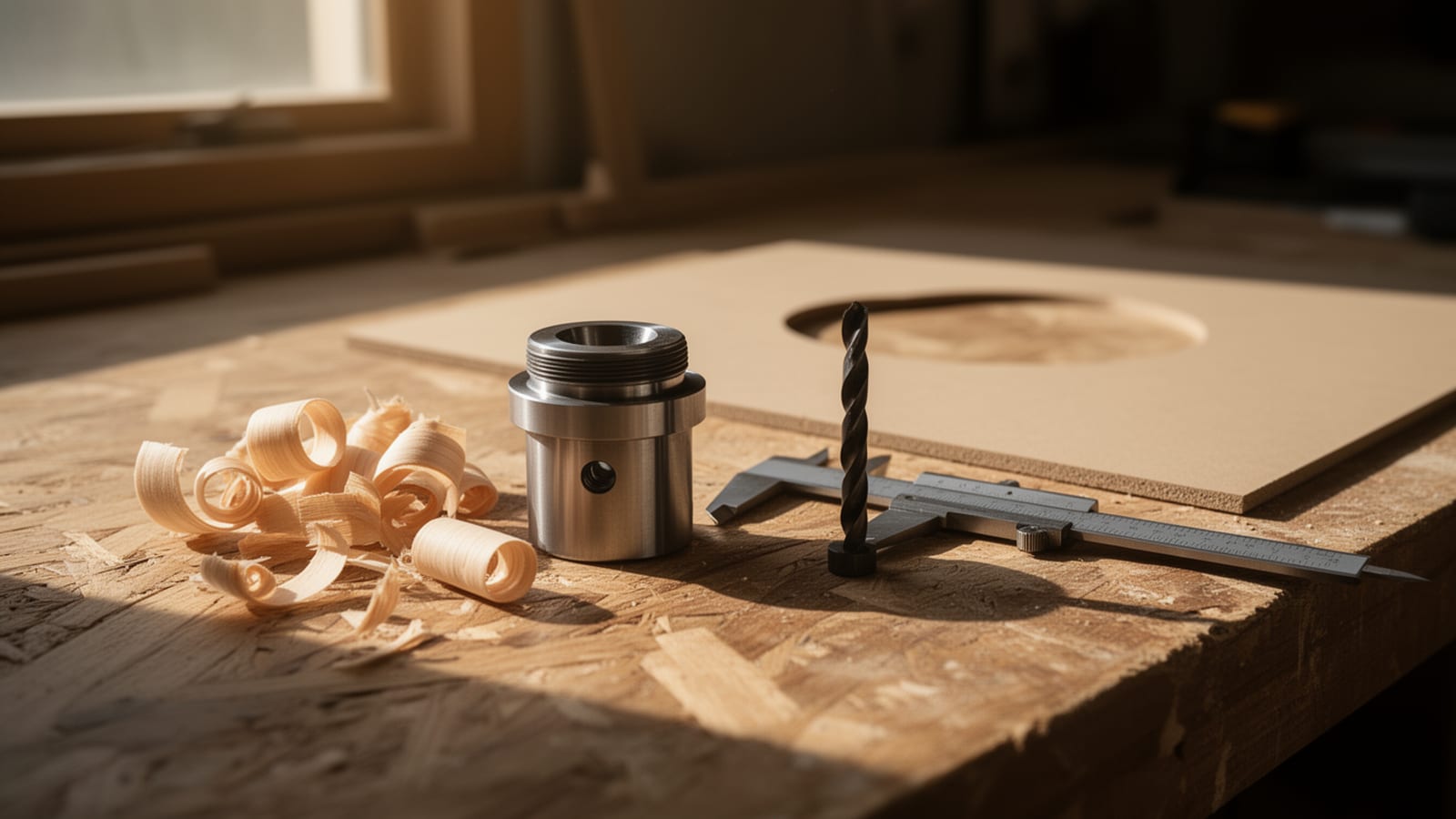 Router guide bushing, drill bit, and calipers on a workbench beside a plywood panel with a cut circle and wood shavings.