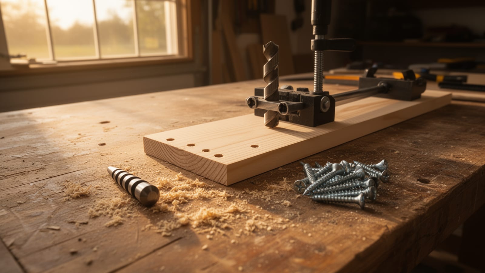 Pocket hole jig clamped to a pine board on a workbench, with a drill bit and a pile of screws nearby