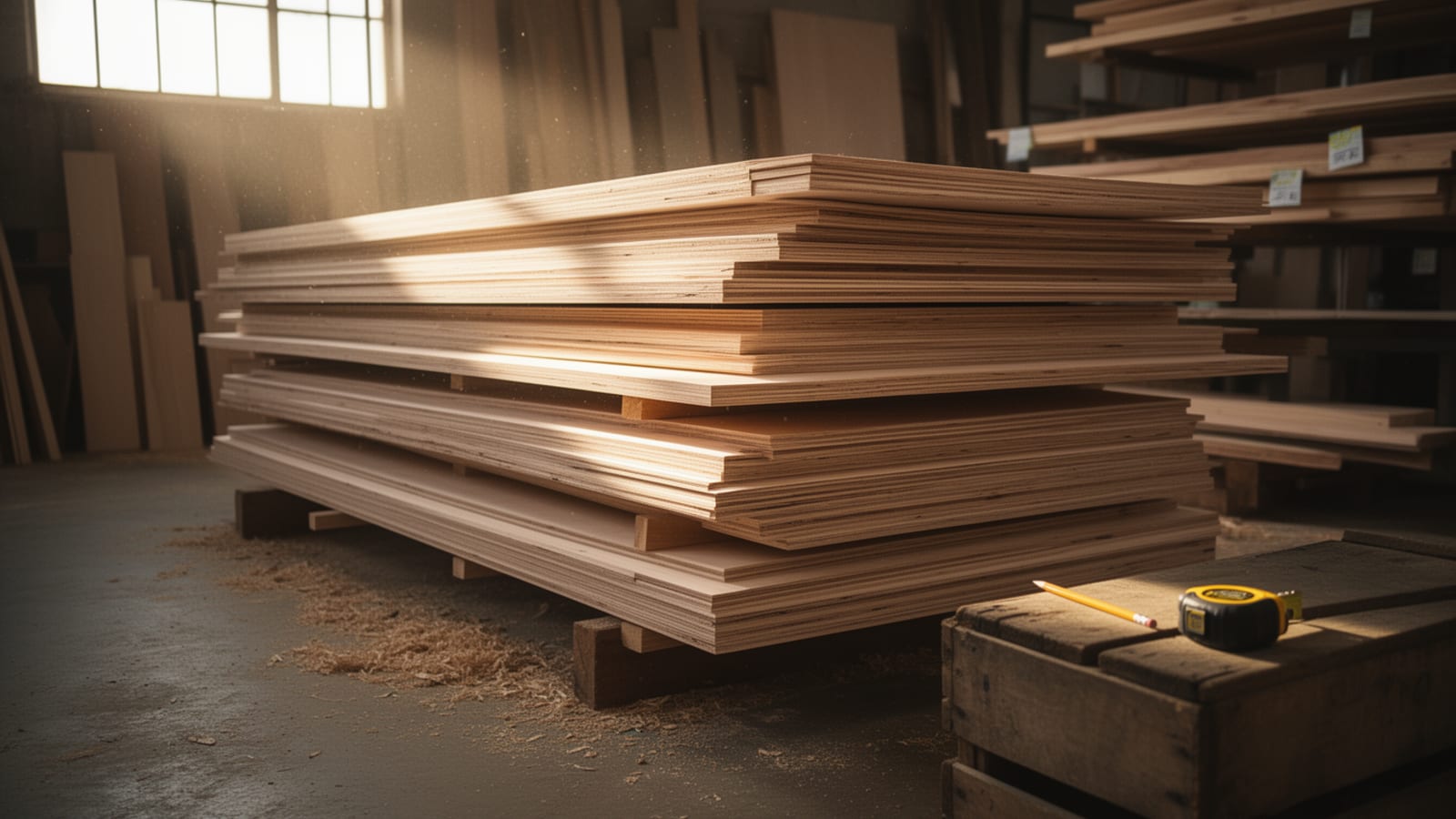Stacks of plywood sheets in a sunlit lumberyard, with a tape measure and pencil on a workbench nearby