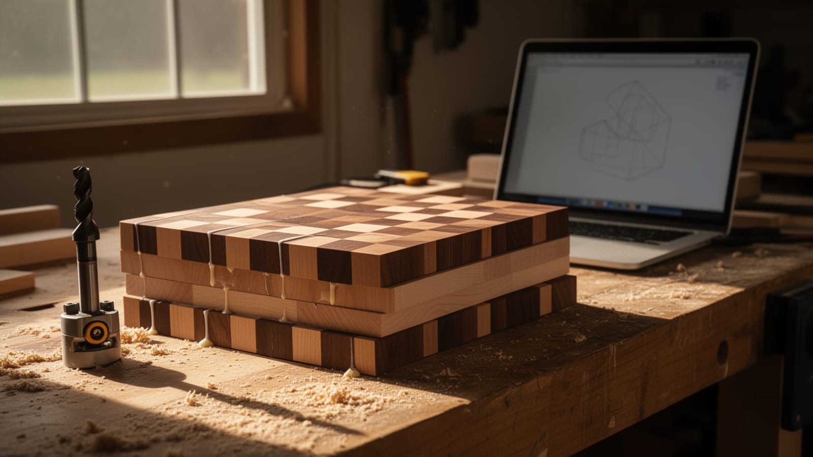 End-grain cutting board in mixed hardwoods on a workbench beside a laptop showing CAD sketches and a Forstner bit.