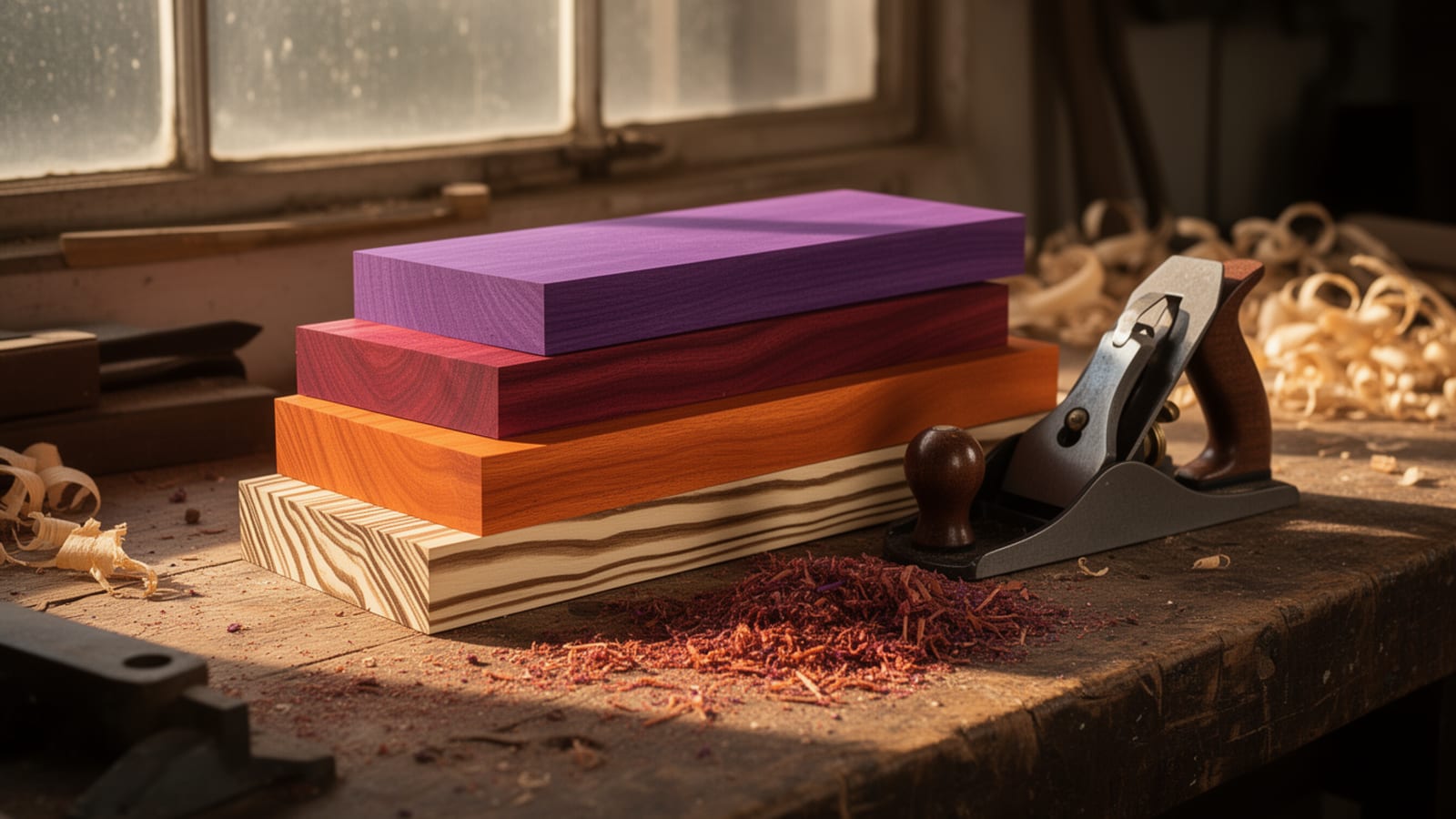 Stacked purpleheart, padauk and zebrawood boards beside a hand plane and shavings on a workbench