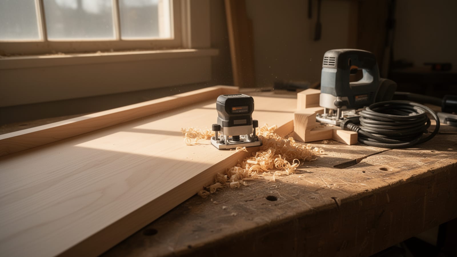 Trim router and corded router on a workbench beside a pine board with wood shavings, in a sunlit workshop