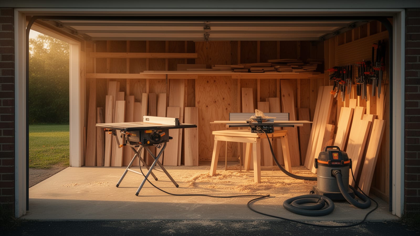 One-car garage woodworking shop with table saw, router table, shop vacuum, and lumber racks at golden hour
