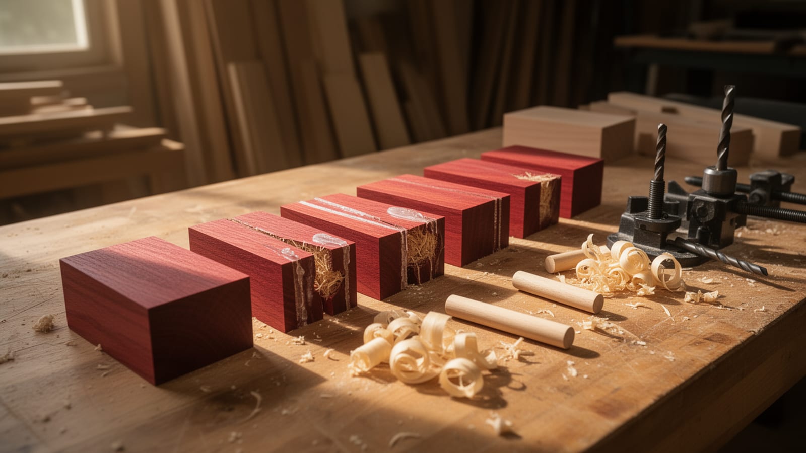 Row of red-stained wood joint test blocks split open to reveal dowels and biscuits, beside a pocket hole jig on a workbench