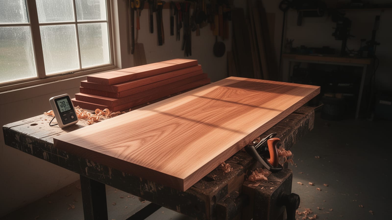 Wide wood panel on a workbench with a hygrometer, stacked boards, and a hand plane in a dim garage shop