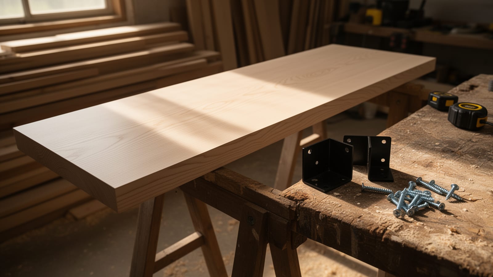 Unfinished plywood desk panel resting on sawhorses beside black fold-down brackets, screws, and a tape measure in a workshop